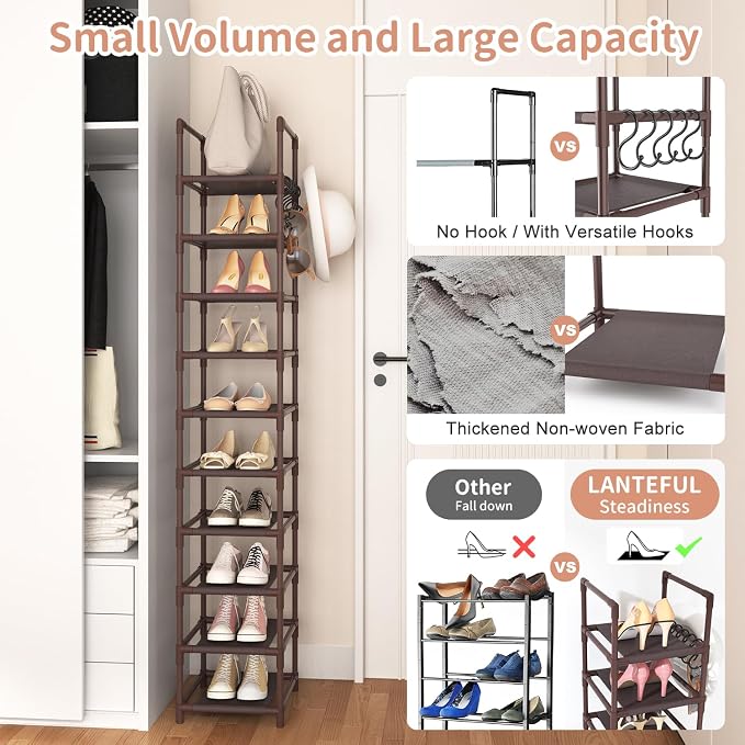 LANTEFUL Tall Shoe Rack 10-Tier Narrow Shoe Shelf Storage - Image 6