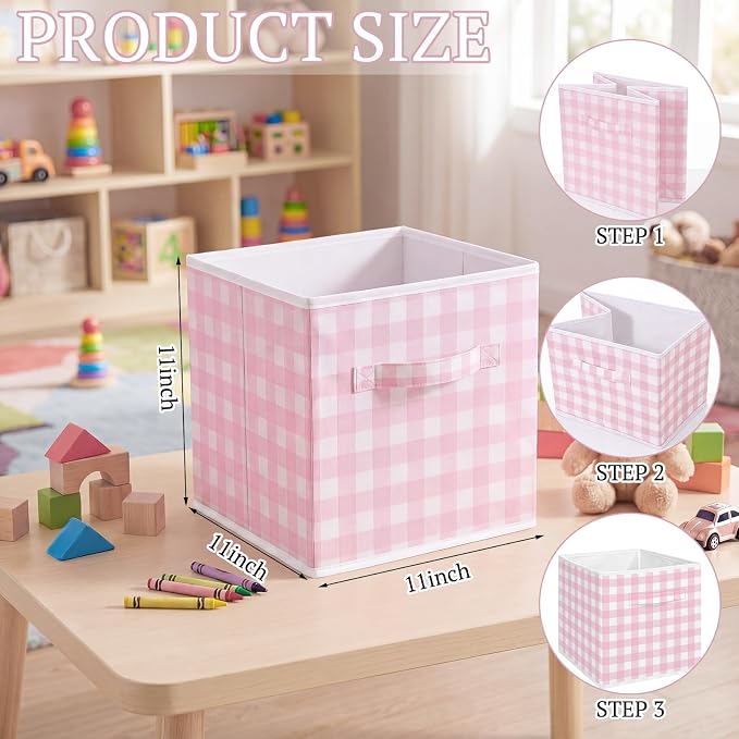 Yalikop 6 Pcs Pink Gingham Cube Storage Bins, 11 Inch Fabric Checkered - Image 2