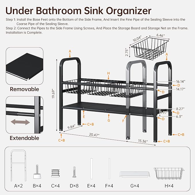 2 Tier Under Sink Organizer Expandable Length/Height Adjustable, Heavy Duty - Image 5