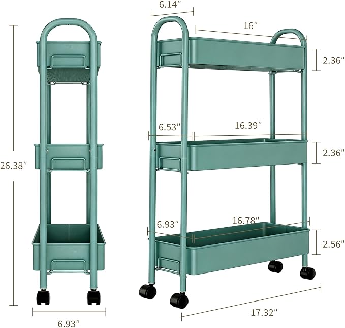 Slim Rolling Cart, Metal Frame Utility Rolling 3-Tier Narrow Storage Cart | - Image 2