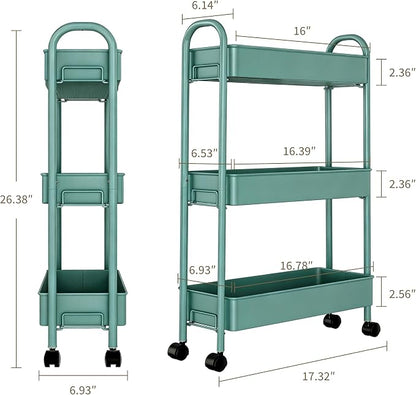 Slim Rolling Cart, Metal Frame Utility Rolling 3-Tier Narrow Storage Cart | - Image 2