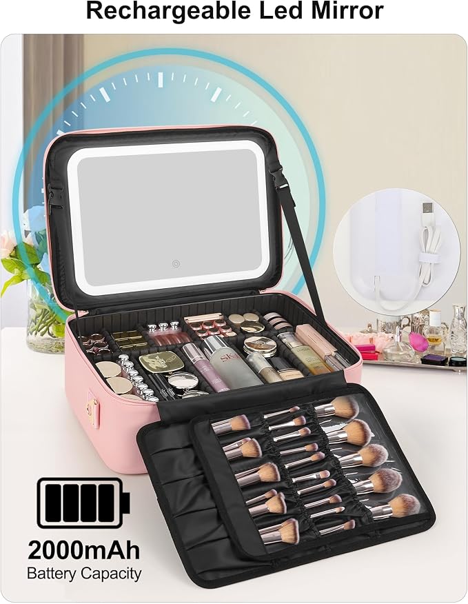 Relavel Large Makeup Case with LED Mirror, Train Cosmetic Case with Separate - Image 5