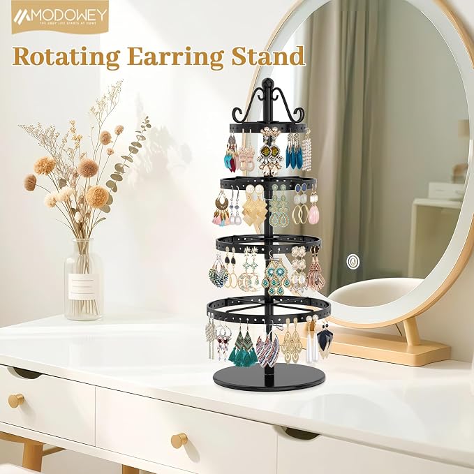 MODOWEY Rotating Earring Holder Organizer Stand, 4 Tier Adjustable Metal - Image 2