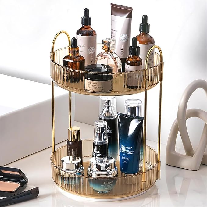 Rotating Makeup Organizer Countertop 2 Tier Lazy Susan Trays Clear Skincare by Zufudo