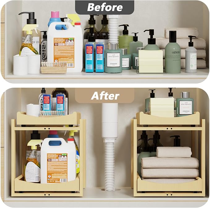 Bamboo Under Sink Organizer Adjustable Height 2 Tier Bathroom Organizer Pull - Image 5