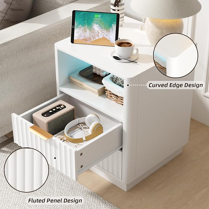 VOWNER Fluted Nightstand with Charging Station, 18” RGB Night Stand with 2 - Image 5