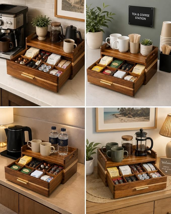 Acacia Wood Tea Bag Organizer for Countertop, Tea Holder Organizer - Image 7