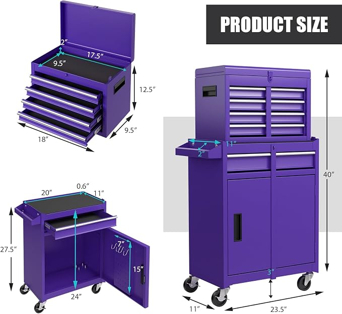 Goplus Purple Tool Chest, 5 Drawers Rolling Tool Cabinet w/Detachable Top - Image 3