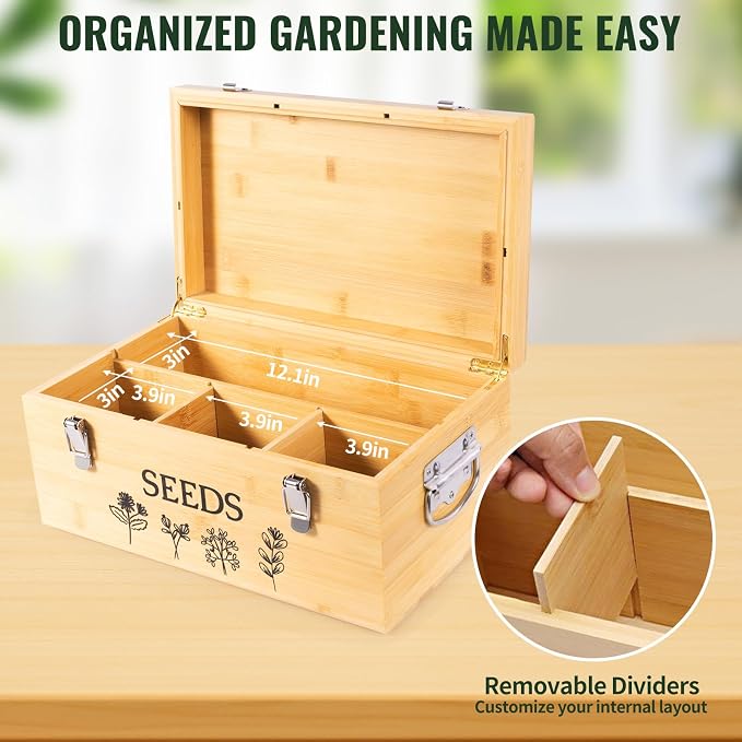 Large Bamboo Wood Seed Storage Organizer Box - Image 4