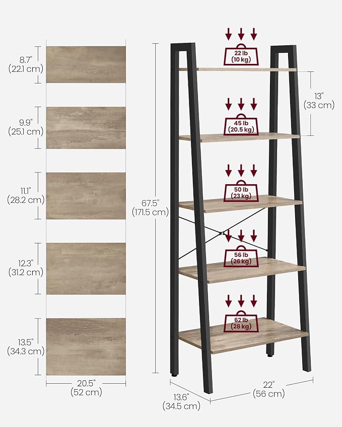 VASAGLE Ladder Shelf, 5-Tier Bookshelf, Storage Rack, Bookcase - Image 3