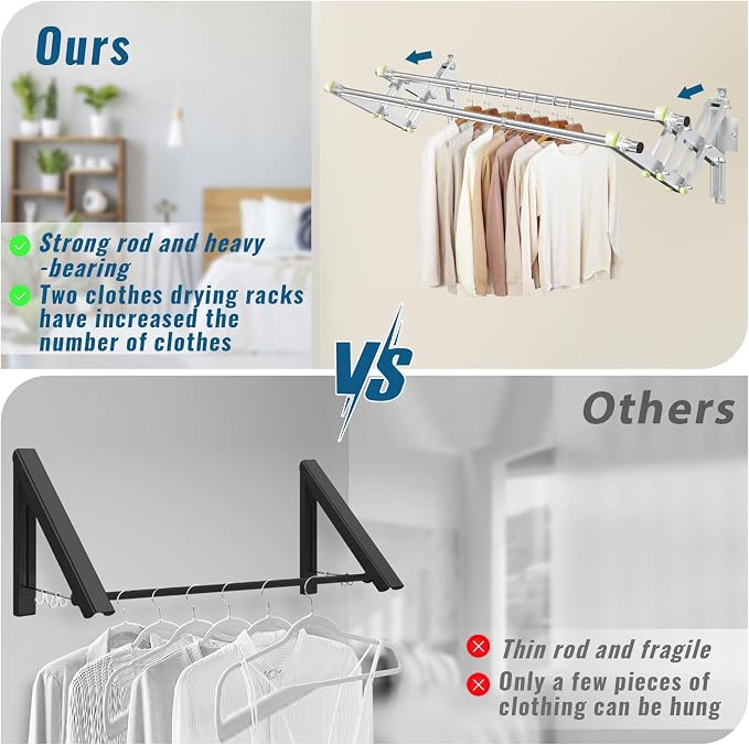 Foldable Wall Mounted Clothes Rack-Double 44'' Long Rod&2 Bases, Stainless Steel - Image 3