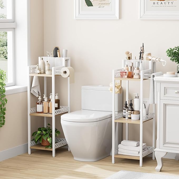 Slim Bathroom Storage Shelf Unit, 3 Tier Corner Storage, Rustic Makeup Organizer - Image 4