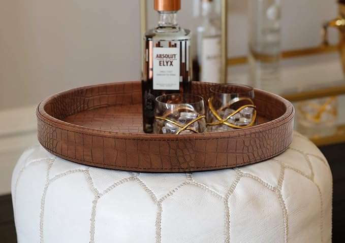 HofferRuffer Faux Leather Round Serving Tray, Vegan Croco Leather Decorative - Image 4