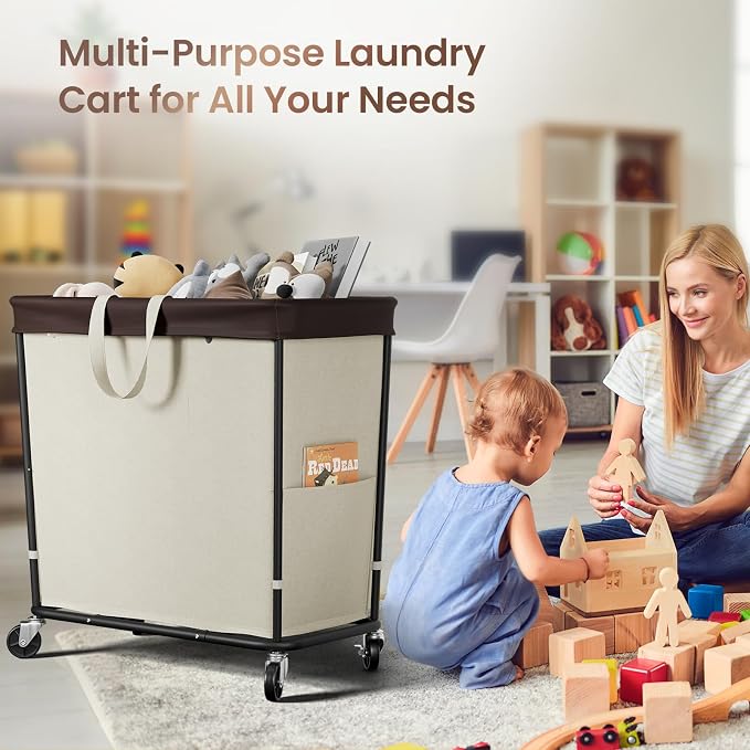 320L Laundry Basket with Wheels, 3-Section Rolling Hamper - Image 5