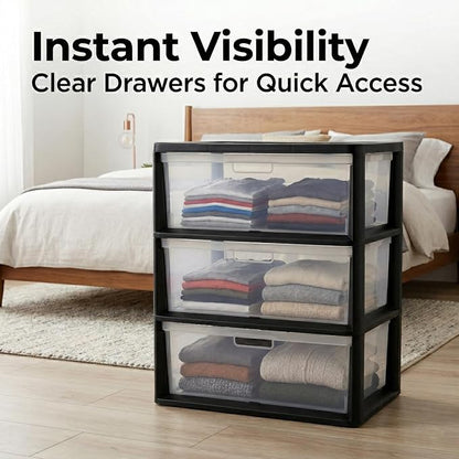 Wide 3-Drawer Plastic Storage Tower Organizer, 25.25" High, Drawer Stops & - Image 3