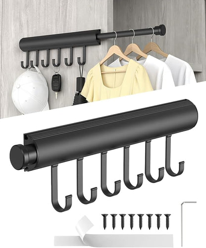 Pull Out Valet Rod, 12 Inches, 6 Hooks | Hidden Screw Design by Unknown
