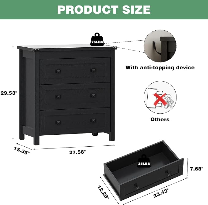 Dresser for Bedroom with 3 Drawers, 27.55" Wide Small Chests of Drawers - Image 2