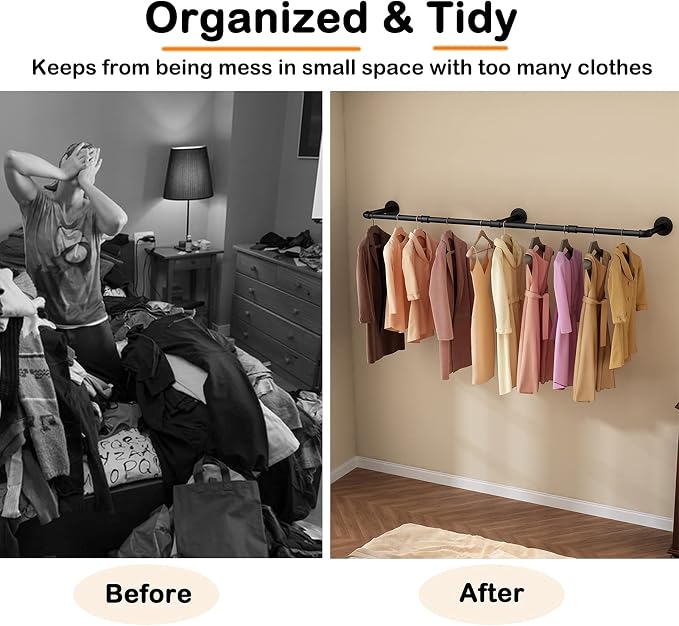 Wall Mounted Clothes Rack 72.5in, Industrial Pipe Clothing Racks Wall Mount - Image 2