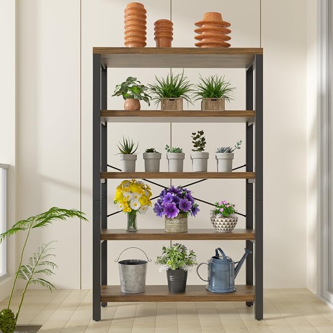 5-Tier 39.37" Wide Heavy Duty Bookshelf, Industrial Wood and Metal Bookshelf - Image 7