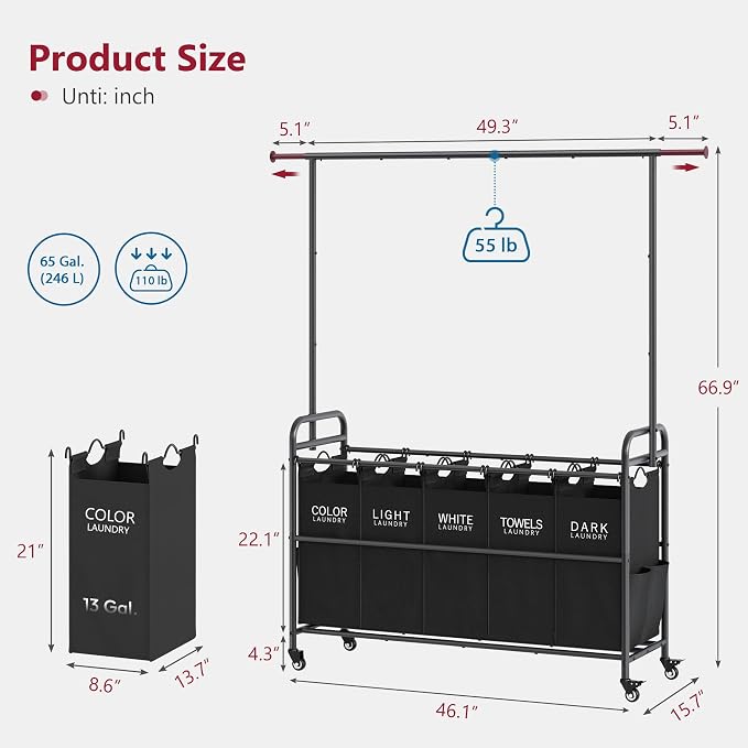 Tajsoon Laundry Sorter with Hanging Rack, 5 Section Laundry Sorter, Rolling - Image 7