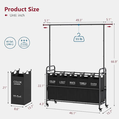 Tajsoon Laundry Sorter with Hanging Rack, 5 Section Laundry Sorter, Rolling - Image 7