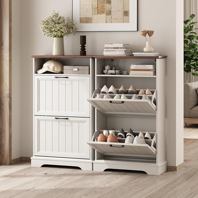 Shoe Storage Cabinet with 2 Flip Drawers, Narrow Slim Shoe Organizer - Image 6