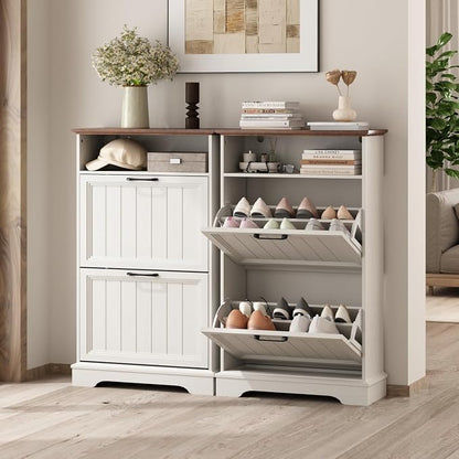 Shoe Storage Cabinet with 2 Flip Drawers, Narrow Slim Shoe Organizer - Image 6