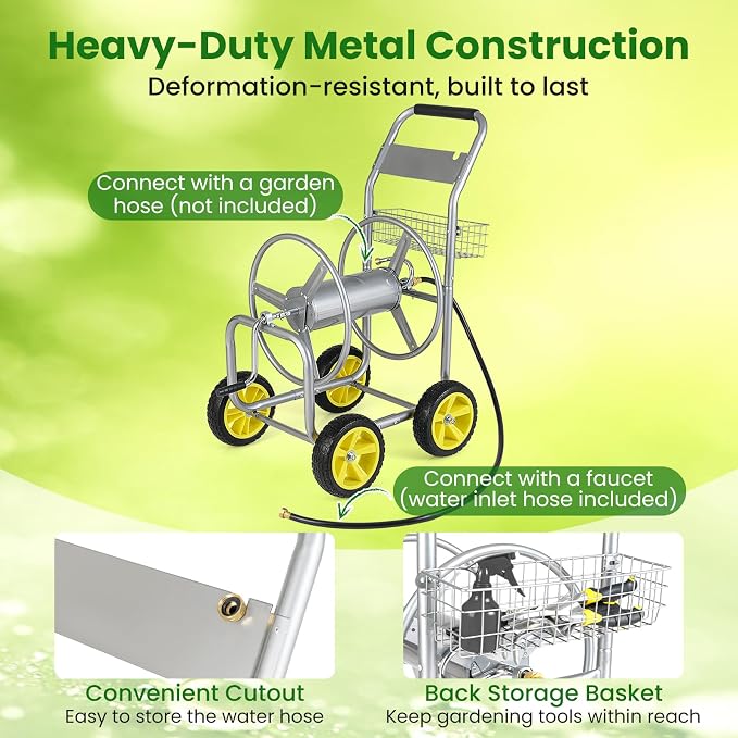 Goplus Garden Hose Reel Cart, 300 ft 5/8" or 400 ft 1/2", Heavy-Duty Metal Hose - Image 3
