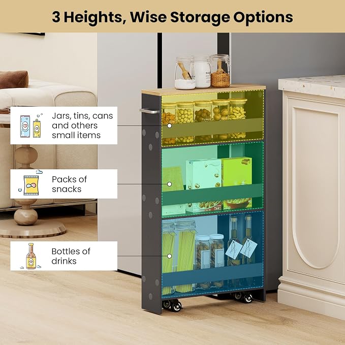 Small Kitchen Cart, 4-Tier Slim Rolling Island w/Handle, Laundry Room Storage - Image 6