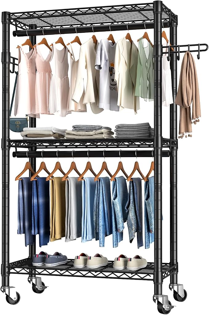 Heavy Duty Clothes Rack Rolling Garment Rack, 3 Tier Adjustable Wire Shelving by Golpart