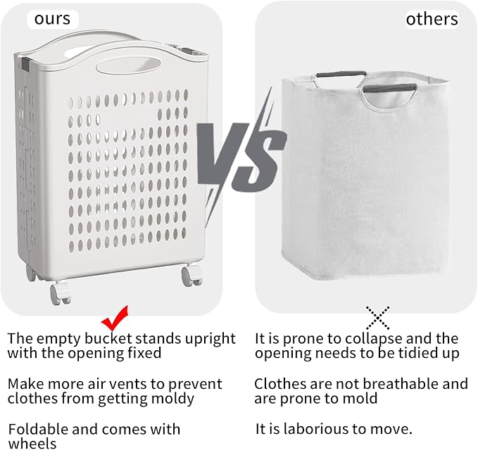 Rolling Laundry Hamper with Wheels White Plastic Storage Bin with Handles - Image 3