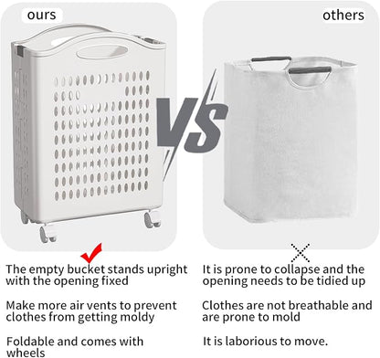 Rolling Laundry Hamper with Wheels White Plastic Storage Bin with Handles - Image 3