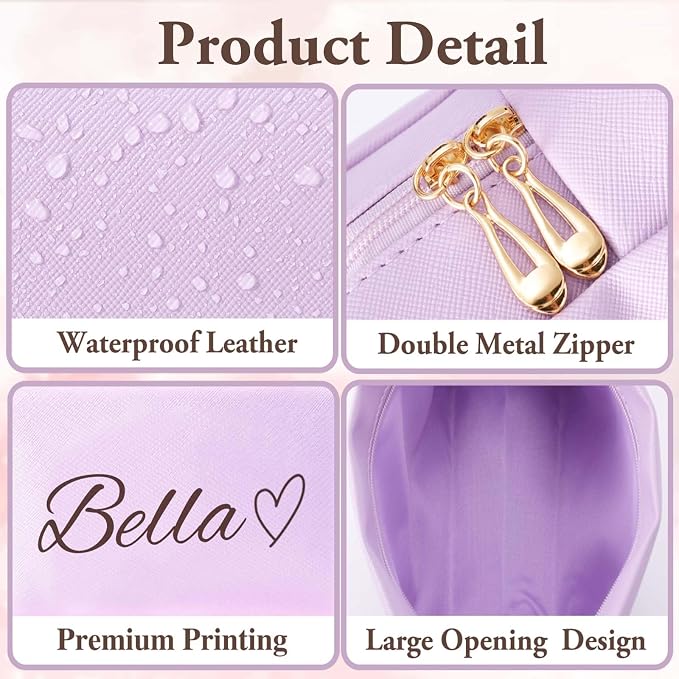 Personalized Makeup Bag with Name & Birth Flower, Custom Leather Cosmetic Bags - Image 5