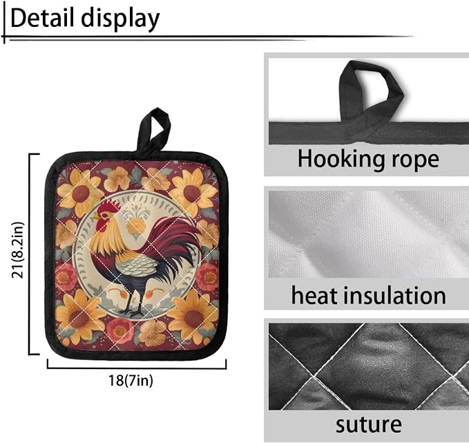 Cartoon Chicken Red Yellow Flowers 4 Pack Pocket Pot Holders Heat Resistant - Image 4