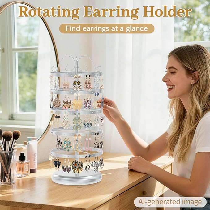 MODOWEY Rotating Earring Holder Organizer Stand, 5 Tier Metal Tree, - Image 2
