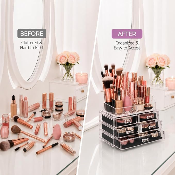 Brookstone Makeup Organizer Countertop, Cosmetic Display Case, Acrylic Makeup - Image 2