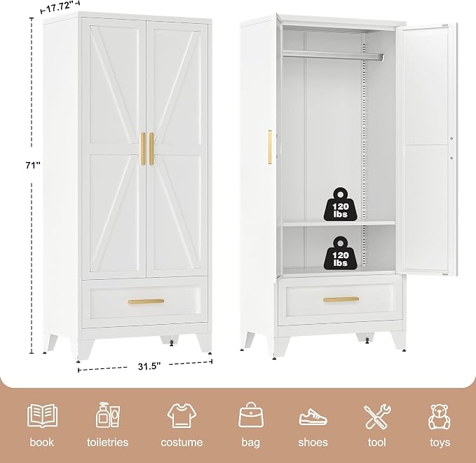 71" Tall Metal Wardrobe Cabinet - Image 3