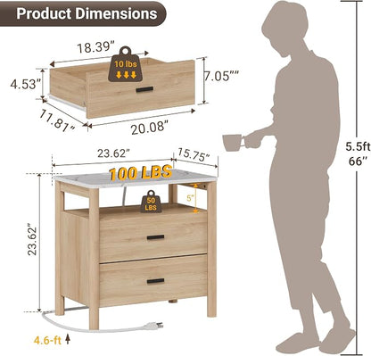 Night Stand Set of 2 with Charging Station, 2 Drawers End Table with Solid - Image 2