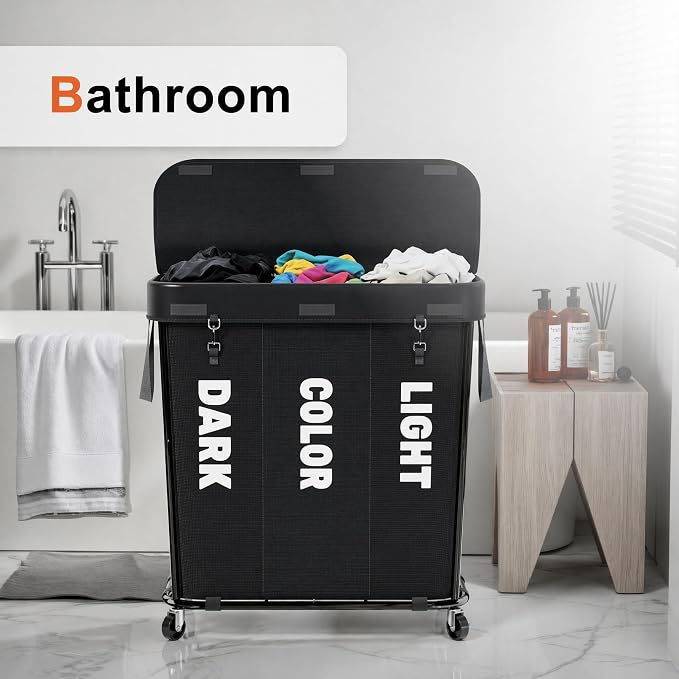 Laundry Sorter with Wheels 240L Rolling Laundry Cart, 3 Compartment Designed - Image 6