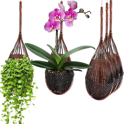 Hanging Orchid Planter: 4 Inch Handmade Bamboo Flower Basket -5Pcs | Wall Plant by Gogeffor