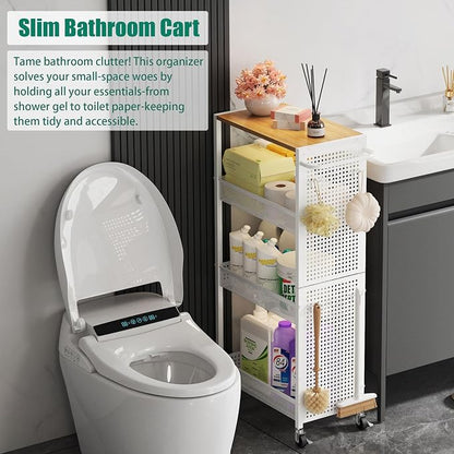 4-Tier Slim Storage Cart with Wheels, Small Mobile Organizer Shelf with Wooden - Image 7
