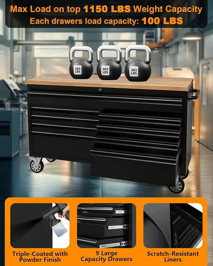 61 Inch Tool Chest, Tool Box Mobile Workbench, 9 Drawers Storage Lockable - Image 6