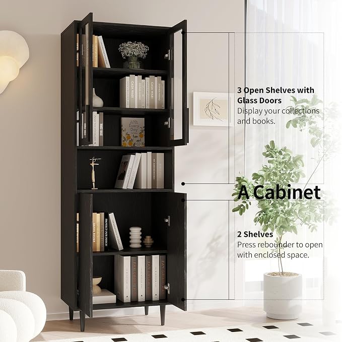 TUSY 70.9“ H Bookcase with Doors, 6-Tier Bookshelf with Open Shelf, Display - Image 3