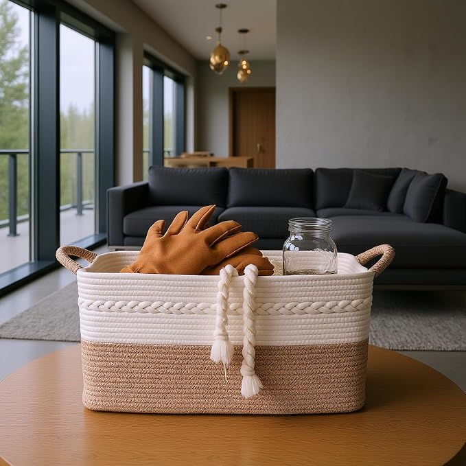 Decorative laundry basket with handles woven from natural cotton rope storage - Image 5