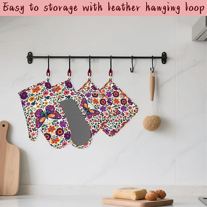 Butterfly Flowers Heat-Resistant Silicone Oven Mitts and Pot Holder 4 Piece Set - Image 5