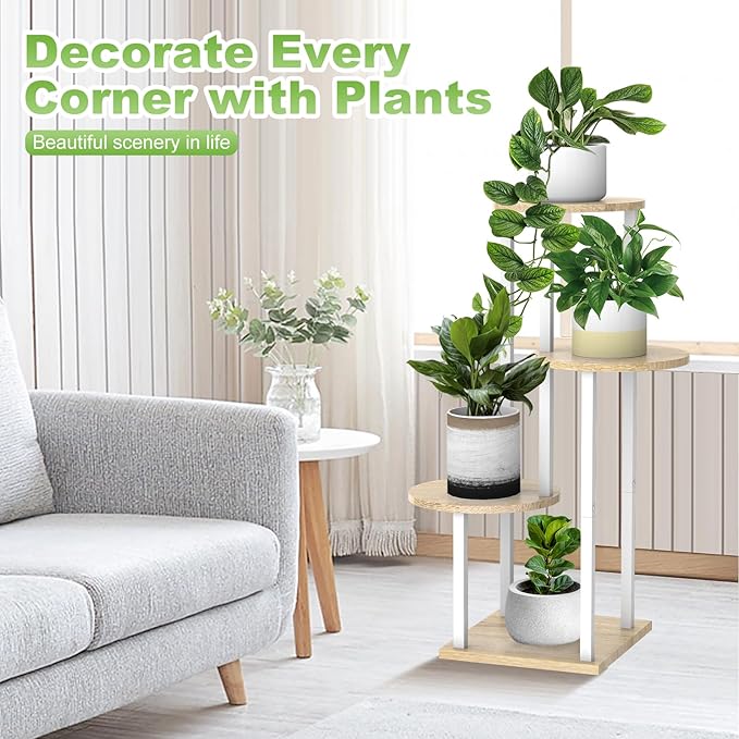 4 Tier Wood Tall Plant Stand Metal Rack Indoor, Round Planter Shelf Display - Image 4