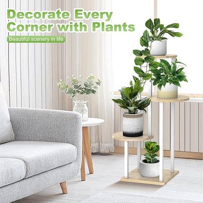 4 Tier Wood Tall Plant Stand Metal Rack Indoor, Round Planter Shelf Display - Image 4