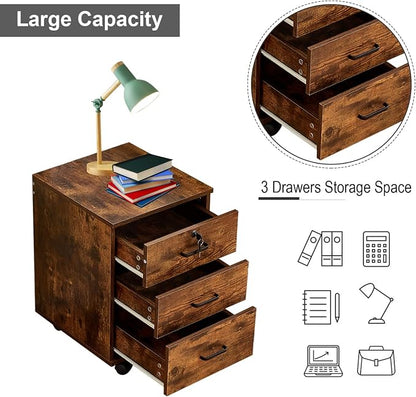 File Cabinet with Lock 3 Drawer Mobile Filing Cabinet with 360° Swivel Wheels - Image 4