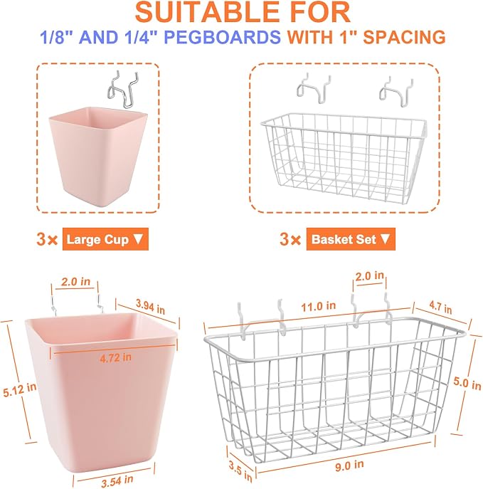 Pegboard Basket Organizers, Peg Board Large Baskets Hooks Bins Cups Tool - Image 3