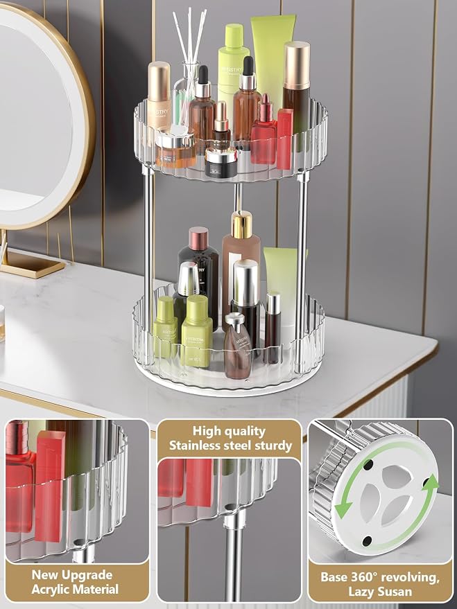 Makeup Organizer, 360° Rotating Makeup Organizer, 2-Tier Round Rotating - Image 4